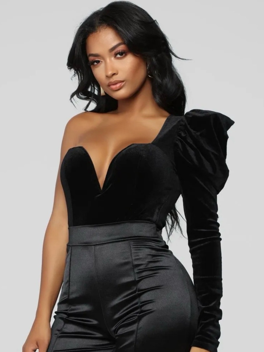 Fashion Nova Black One-Shoulder Velvet Puff-Sleeve Bodysuit